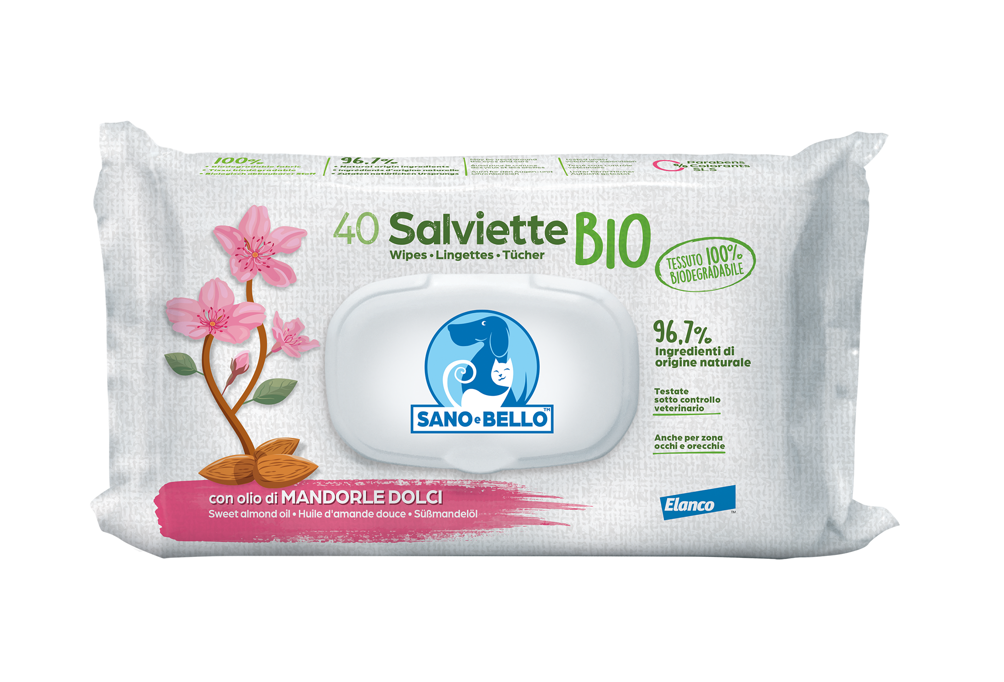 Sano & Bello Salviette Detergenti BIO 40 Pezzi Per Cani Gatti e Cuccioli